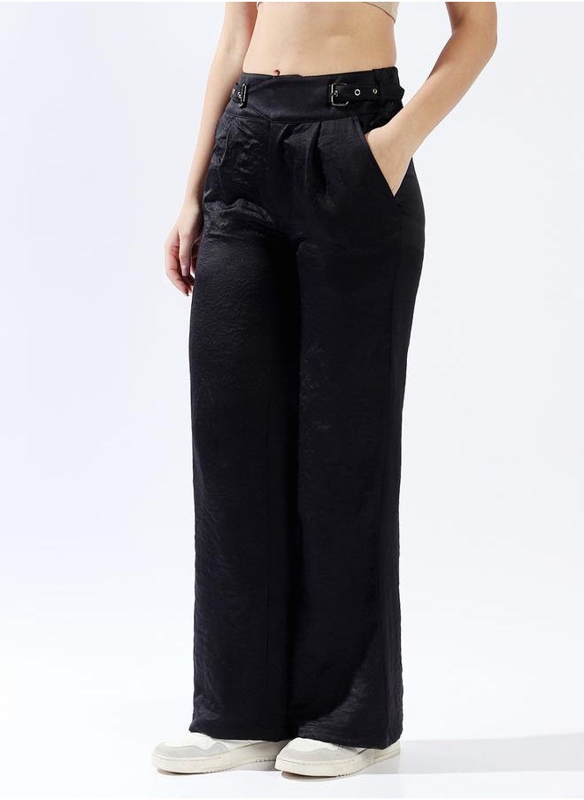 Women Trousers, Wide Leg, Solid, Black, in 100% Polyester, Zip closure, Woven weave, High-Rise waist, perfect for Casual. Stay ahead of the trend!