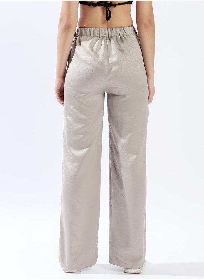 Women Trousers, Wide Leg, Solid, Light Grey, in 100% Polyester, Zip closure, Woven weave, High-Rise waist, perfect for Casual. Steal the spotlight now!