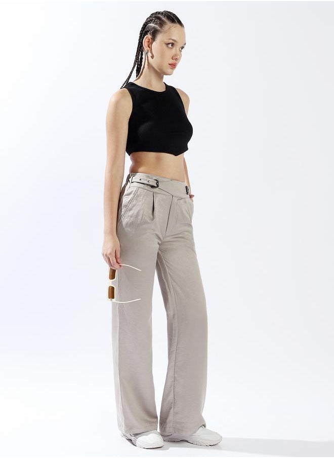 Women Trousers, Wide Leg, Solid, Light Grey, in 100% Polyester, Zip closure, Woven weave, High-Rise waist, perfect for Casual. Steal the spotlight now!
