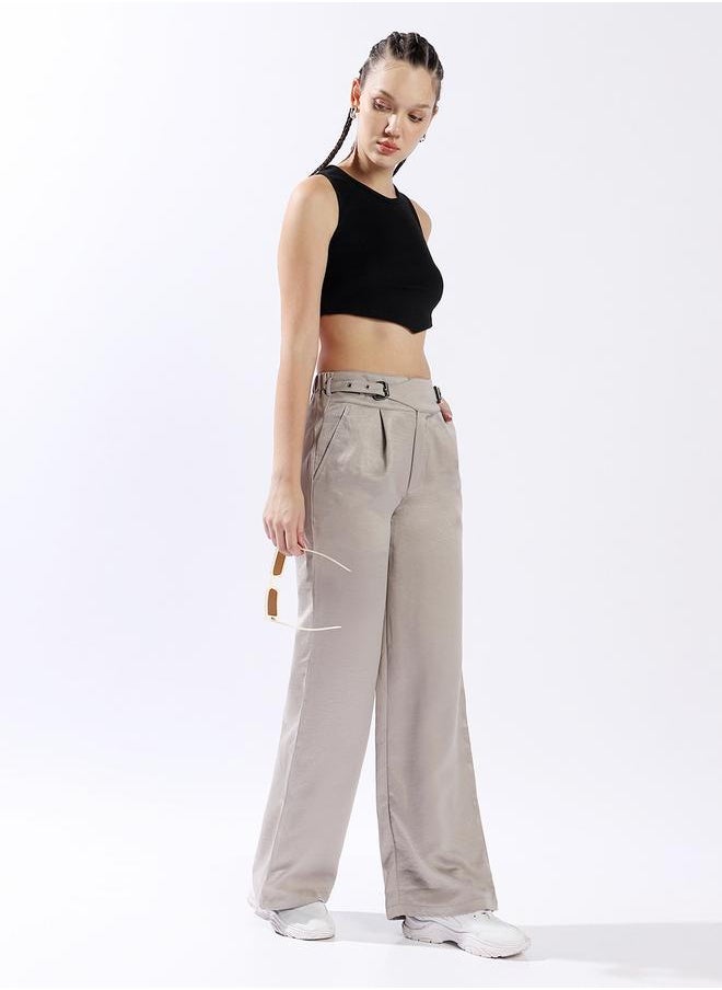 Women Trousers, Wide Leg, Solid, Light Grey, in 100% Polyester, Zip closure, Woven weave, High-Rise waist, perfect for Casual. Steal the spotlight now!