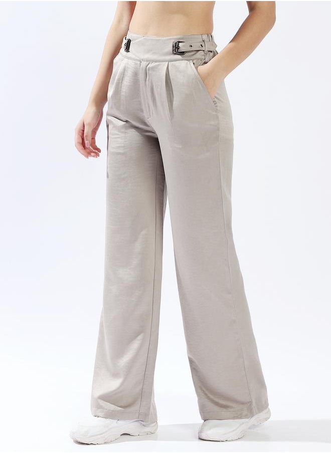 Women Trousers, Wide Leg, Solid, Light Grey, in 100% Polyester, Zip closure, Woven weave, High-Rise waist, perfect for Casual. Steal the spotlight now!