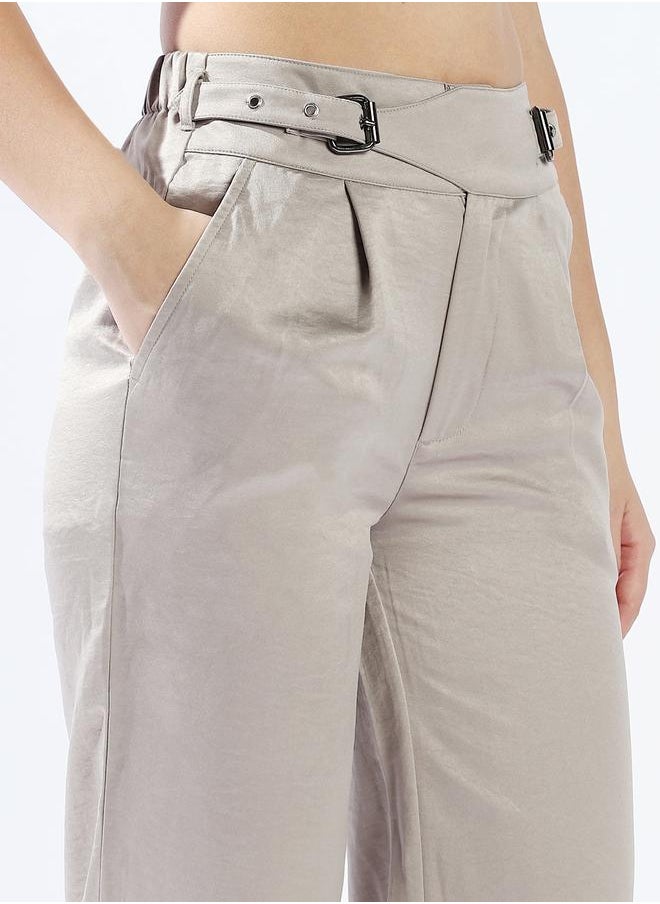 Women Trousers, Wide Leg, Solid, Light Grey, in 100% Polyester, Zip closure, Woven weave, High-Rise waist, perfect for Casual. Steal the spotlight now!
