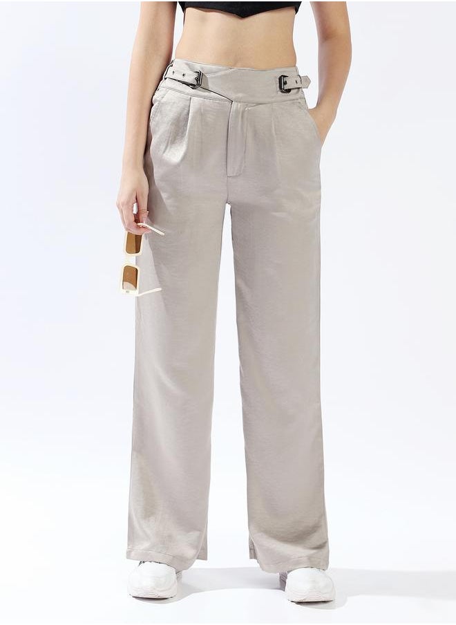 Women Trousers, Wide Leg, Solid, Light Grey, in 100% Polyester, Zip closure, Woven weave, High-Rise waist, perfect for Casual. Steal the spotlight now!