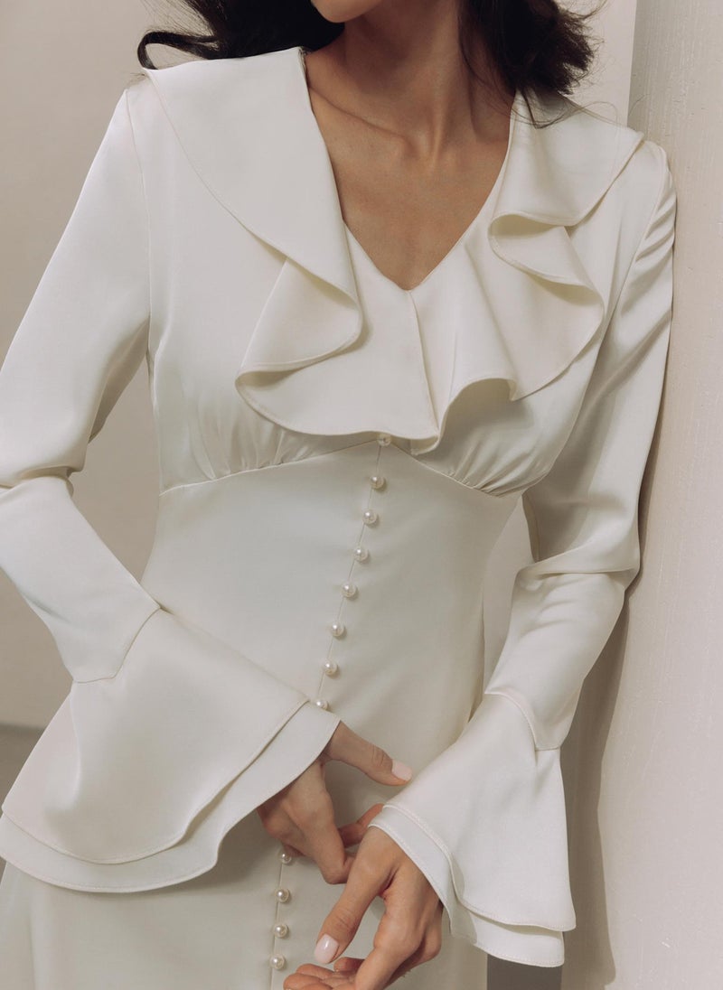 Satin midi dress with flounced collar and pearl buttons