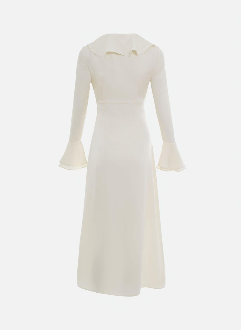 Satin midi dress with flounced collar and pearl buttons
