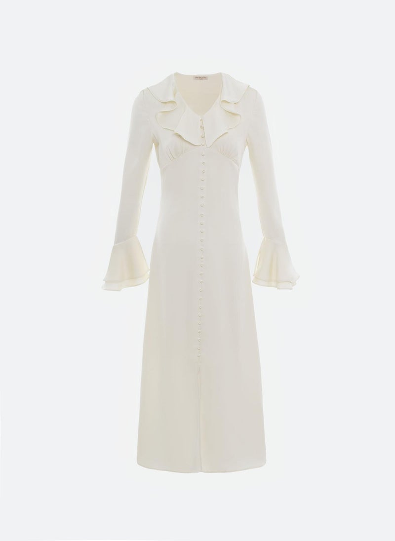 Satin midi dress with flounced collar and pearl buttons