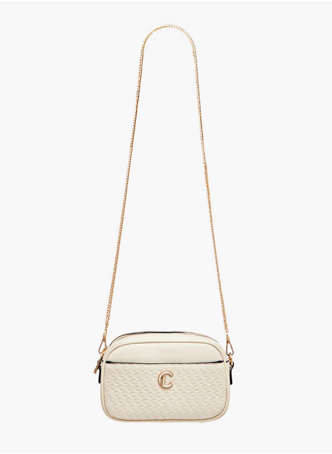 Monogram Embossed Crossbody Bag with Zip Closure and Chain Strap
