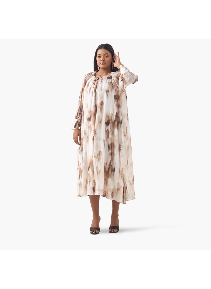 Plus Size Ulla Popken Printed Dress with Round Neck and Long Slit Sleeves