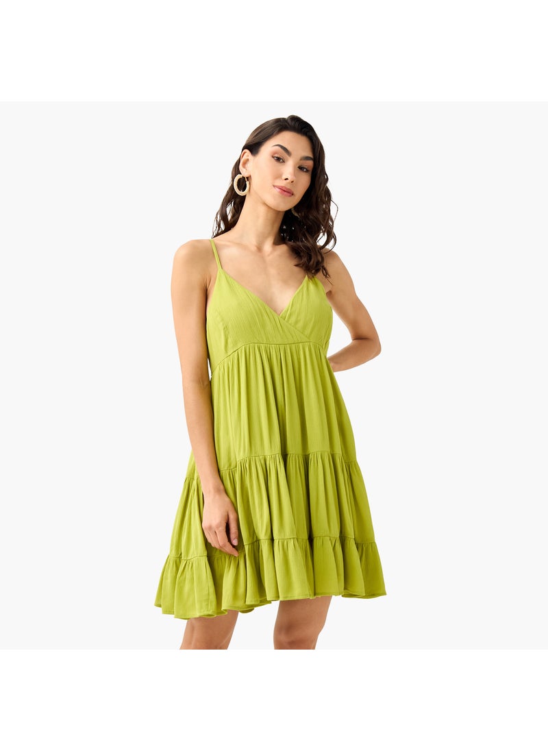 Shirring Detail Tiered Dress with Strap Sleeves