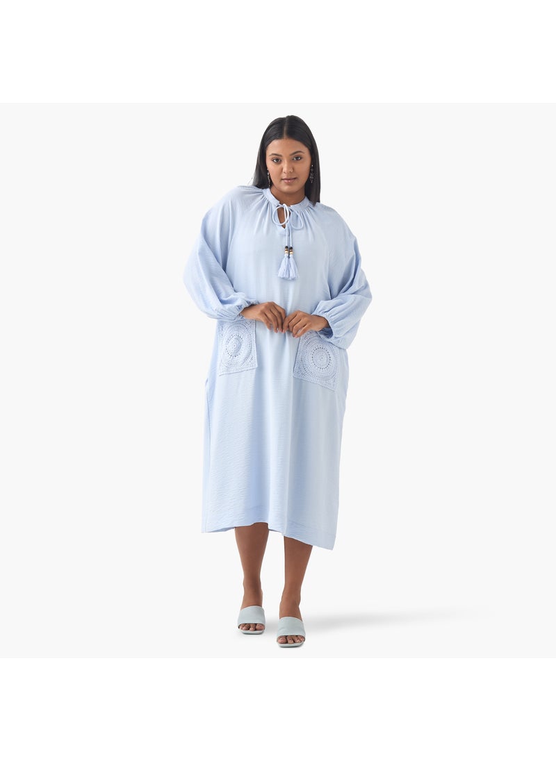 Plus Size Ulla Popken Crochet Pocket Dress with Tie-Up Neck