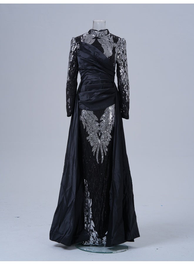 Long Sleeve Elegant Round Neck Sequin Mermaid Evening Gown Dress
