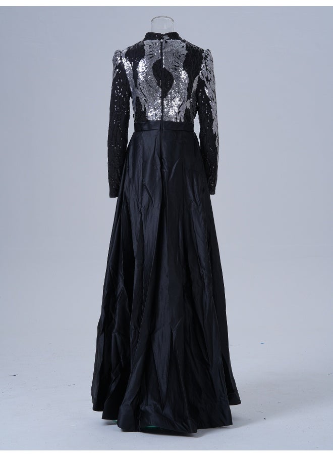 Long Sleeve Elegant Round Neck Sequin Mermaid Evening Gown Dress