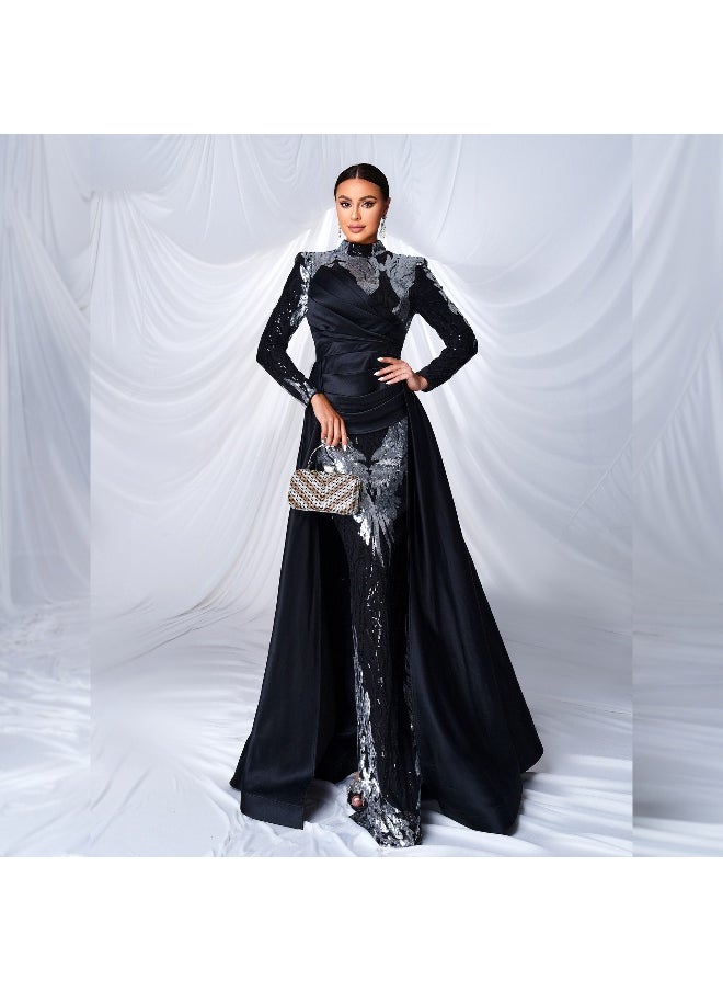 Long Sleeve Elegant Round Neck Sequin Mermaid Evening Gown Dress