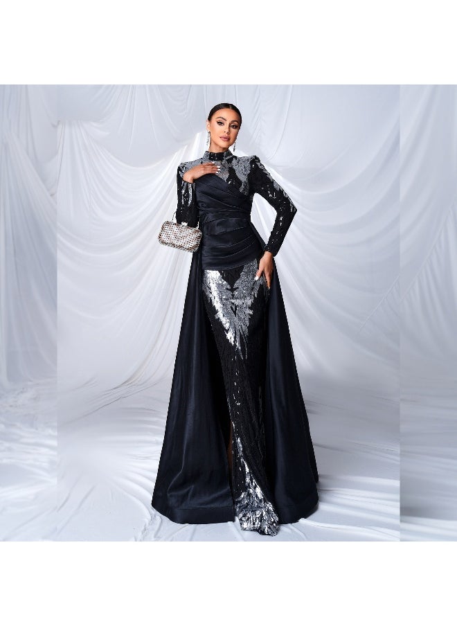 Long Sleeve Elegant Round Neck Sequin Mermaid Evening Gown Dress