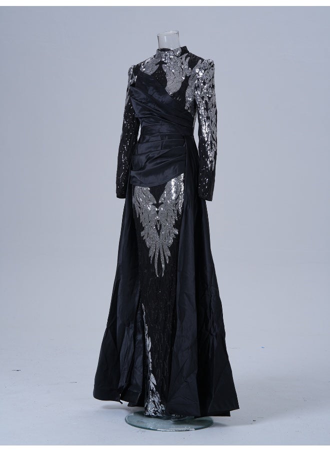 Long Sleeve Elegant Round Neck Sequin Mermaid Evening Gown Dress
