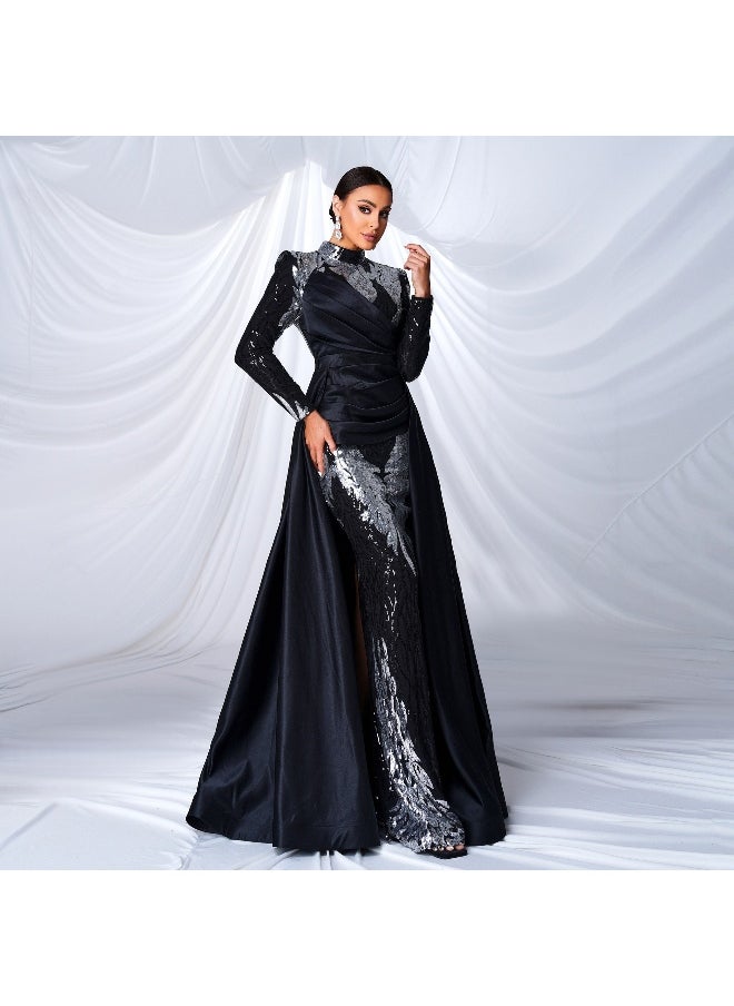 Long Sleeve Elegant Round Neck Sequin Mermaid Evening Gown Dress
