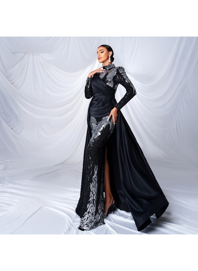 Long Sleeve Elegant Round Neck Sequin Mermaid Evening Gown Dress