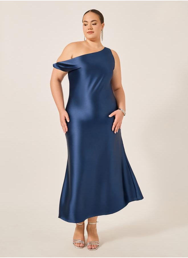 Plus Size Asymmetric Neck Satin A-Line Maxi Dress