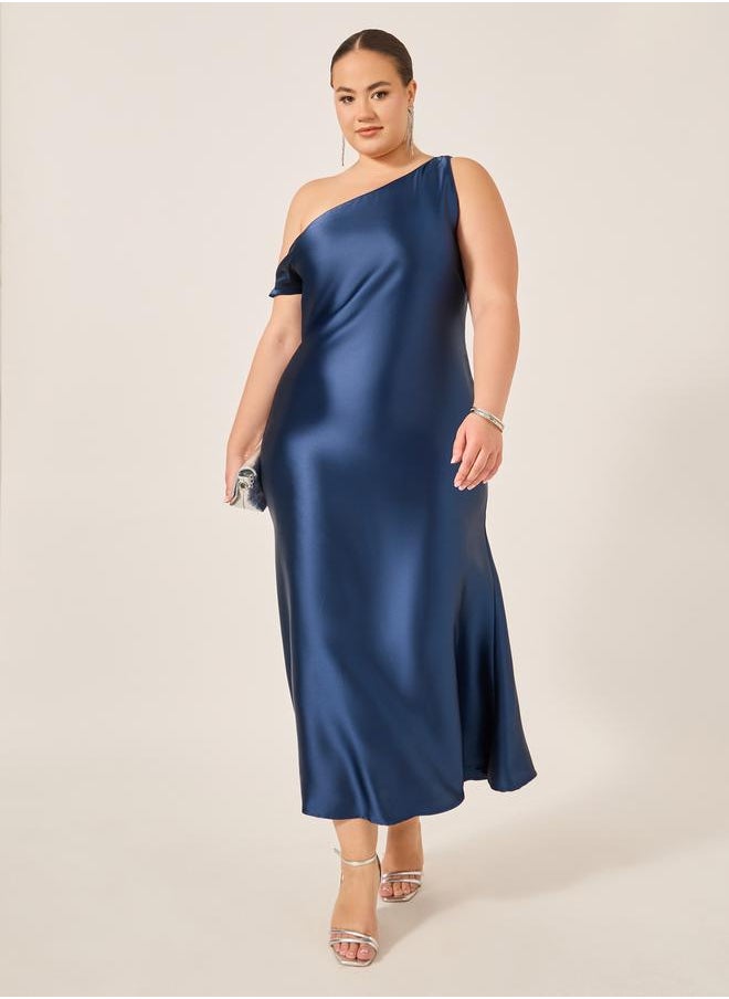 Plus Size Asymmetric Neck Satin A-Line Maxi Dress