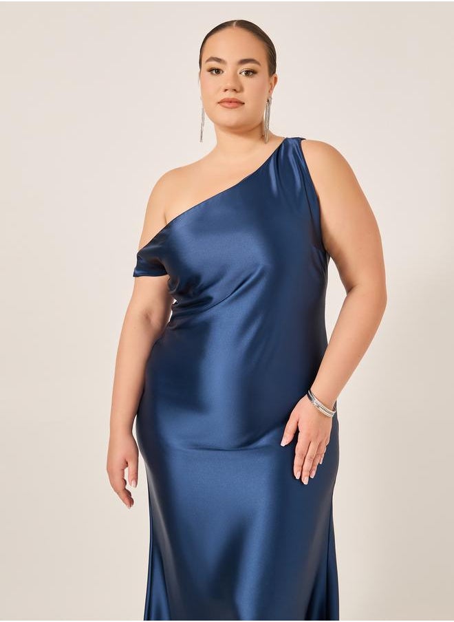 Plus Size Asymmetric Neck Satin A-Line Maxi Dress