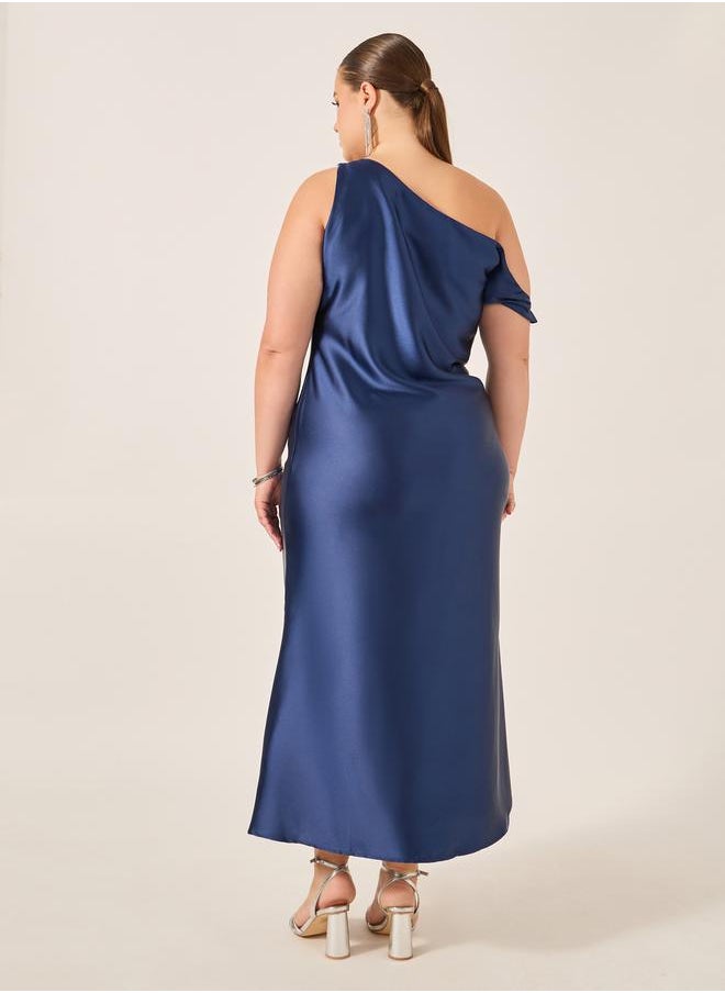 Plus Size Asymmetric Neck Satin A-Line Maxi Dress