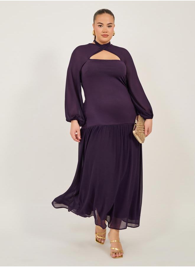 Plus Size Purple Solid Cut Out A-Line Maxi Dress