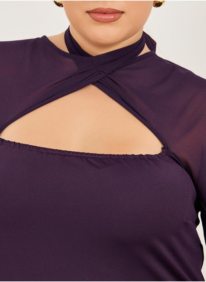 Plus Size Purple Solid Cut Out A-Line Maxi Dress