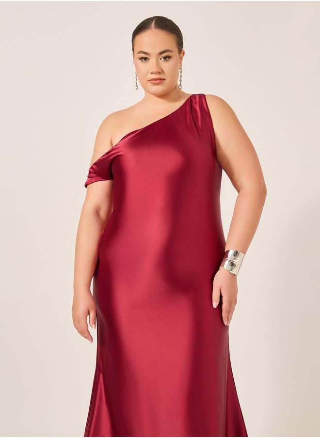 Plus Size Asymmetric Neck Satin A-Line Maxi Dress