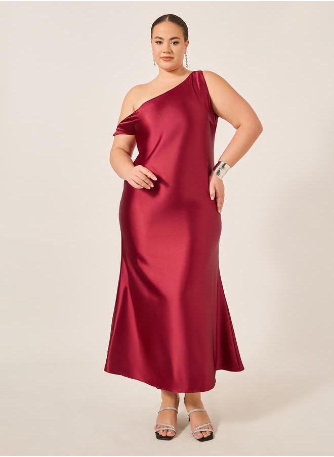 Plus Size Asymmetric Neck Satin A-Line Maxi Dress