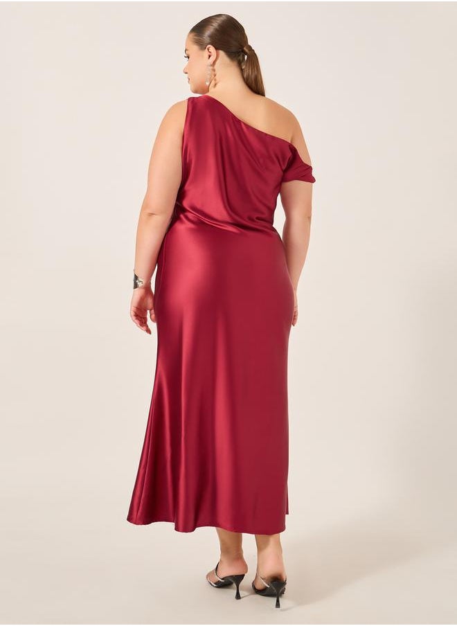 Plus Size Asymmetric Neck Satin A-Line Maxi Dress