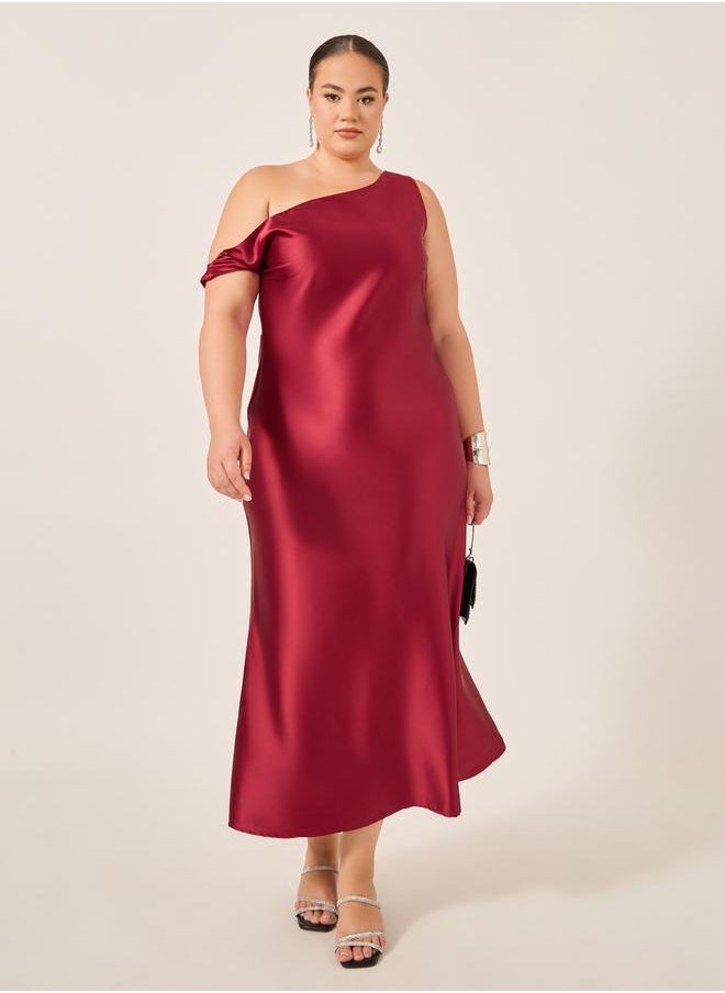 Plus Size Asymmetric Neck Satin A-Line Maxi Dress