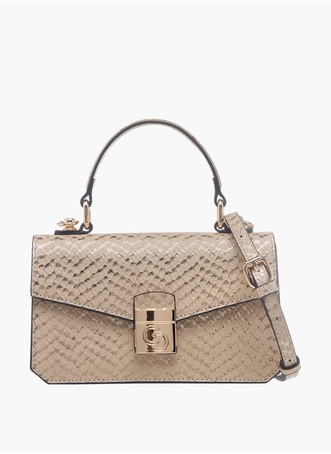 Womens Textured Satchel Bag With Flap Closure And Detachable Strap