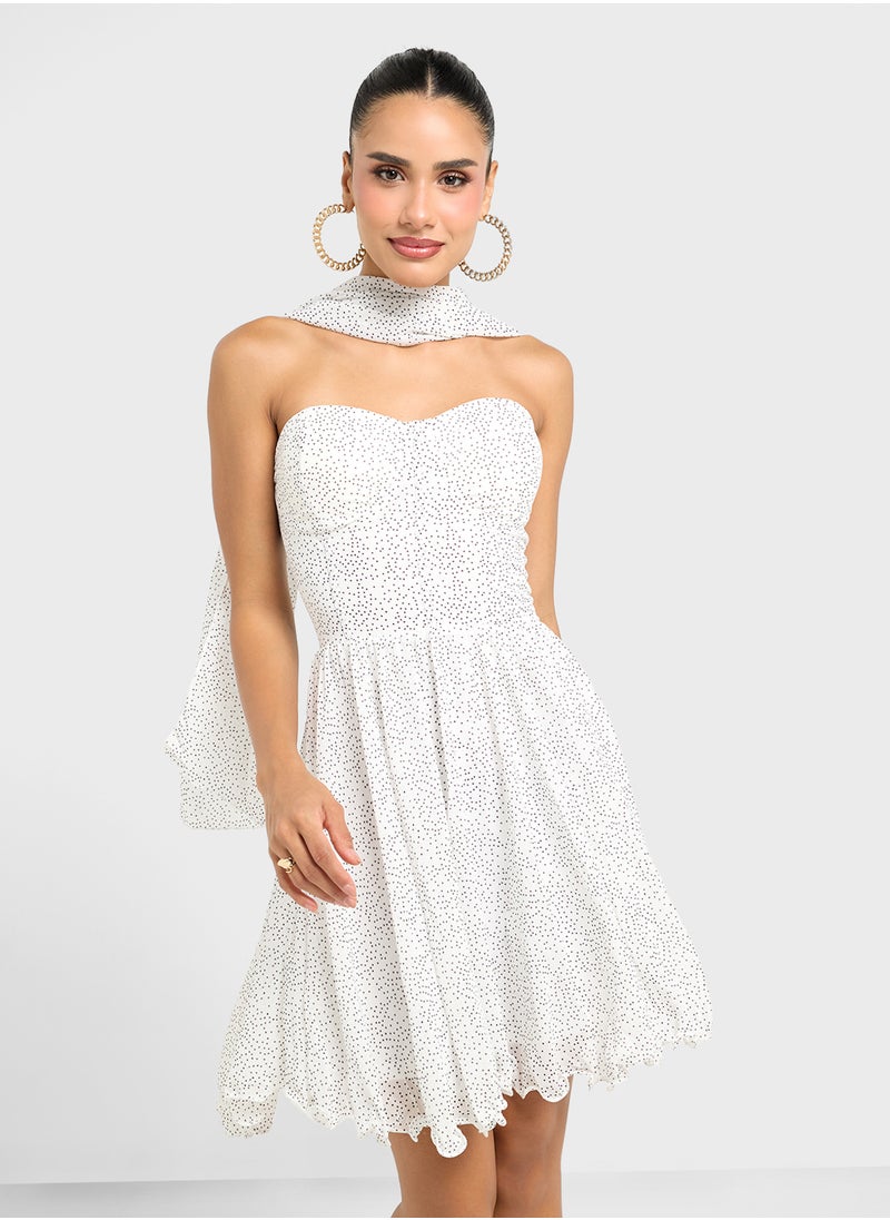 Bandeau Corset Bodice Polka Dot Dress With Scarf