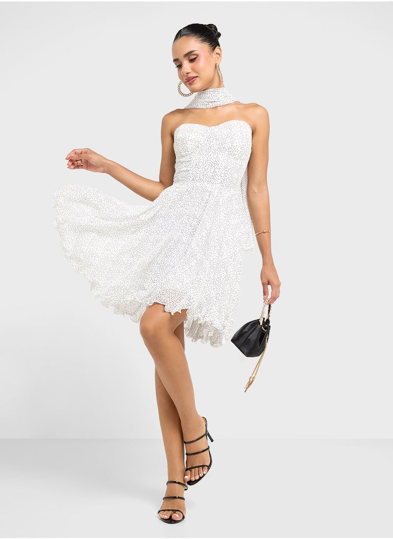 Bandeau Corset Bodice Polka Dot Dress With Scarf