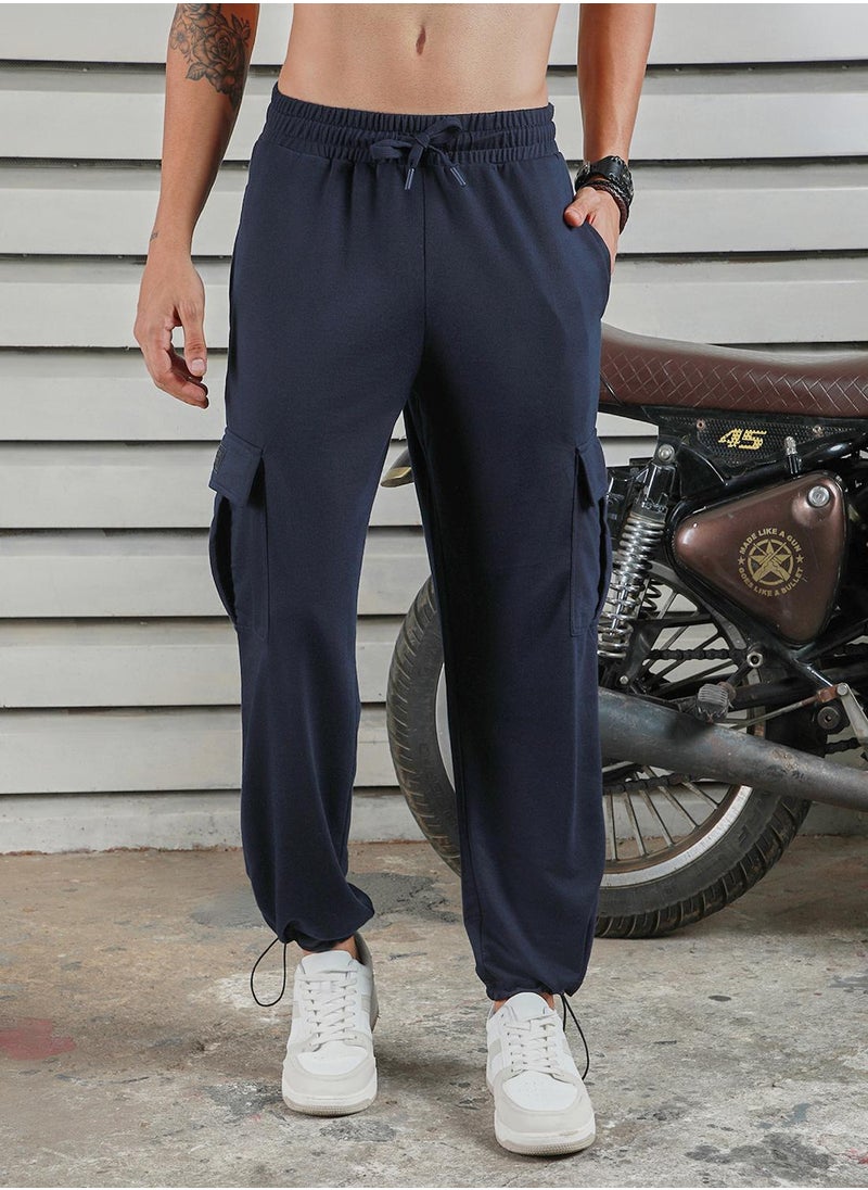 Men's Navy 100% Polyester Printed Full Length Casual Jogger Straight Fit Trouser