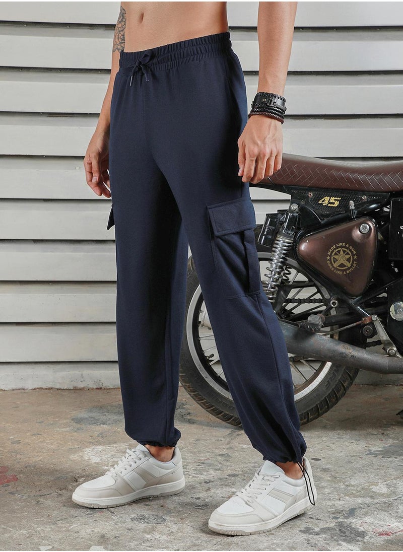 Men's Navy 100% Polyester Printed Full Length Casual Jogger Straight Fit Trouser