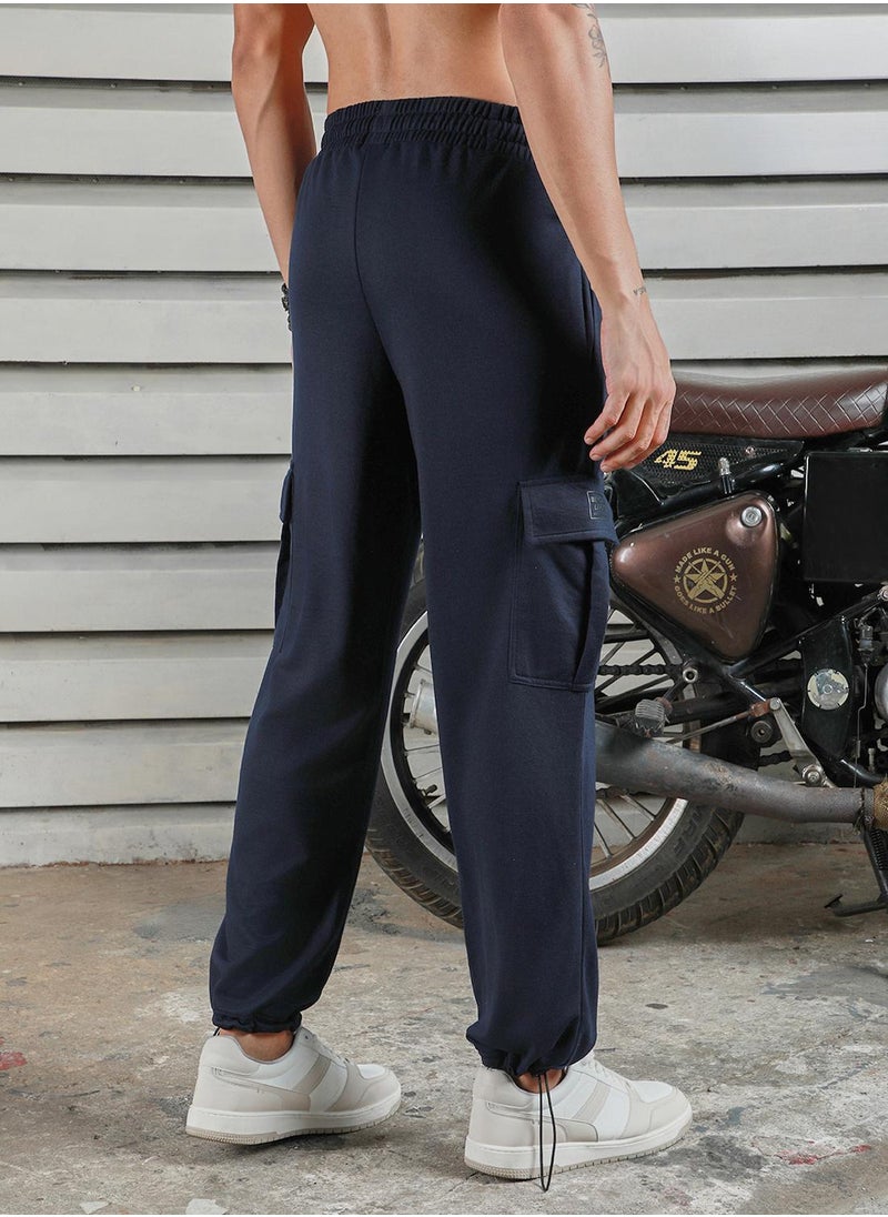 Men's Navy 100% Polyester Printed Full Length Casual Jogger Straight Fit Trouser