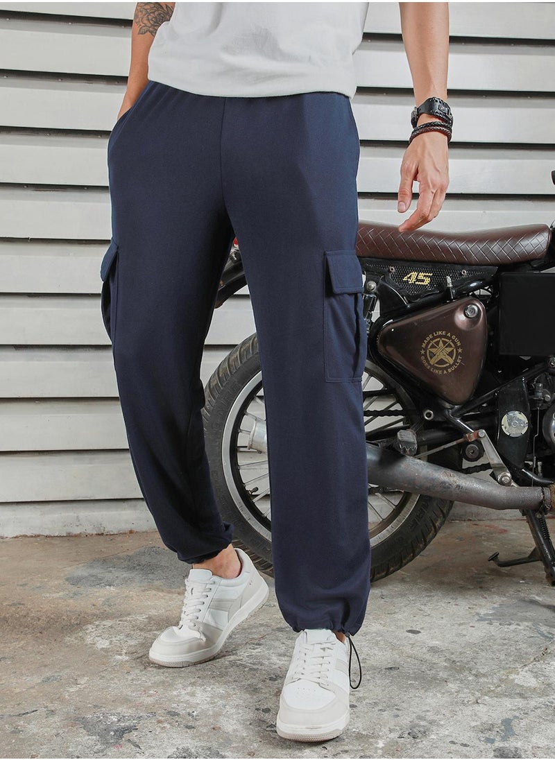 Men's Navy 100% Polyester Printed Full Length Casual Jogger Straight Fit Trouser