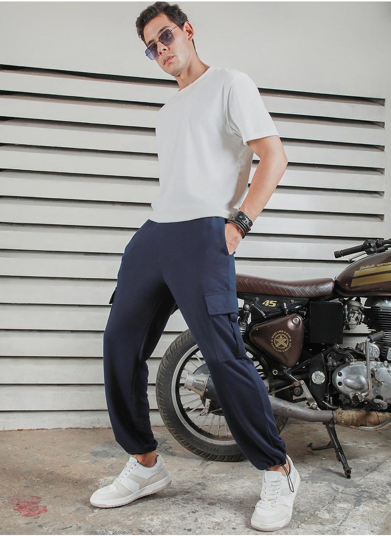 Men's Navy 100% Polyester Printed Full Length Casual Jogger Straight Fit Trouser