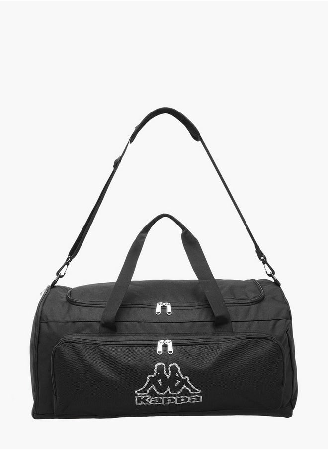 Logo Print Duffle Bag with Detachable Strap and Zip Closure