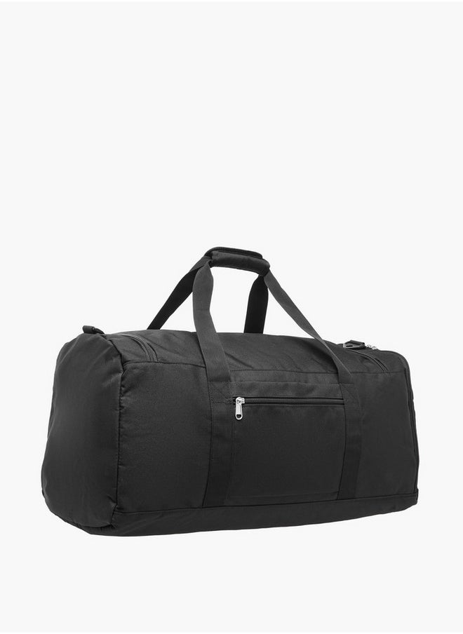 Logo Print Duffle Bag with Detachable Strap and Zip Closure