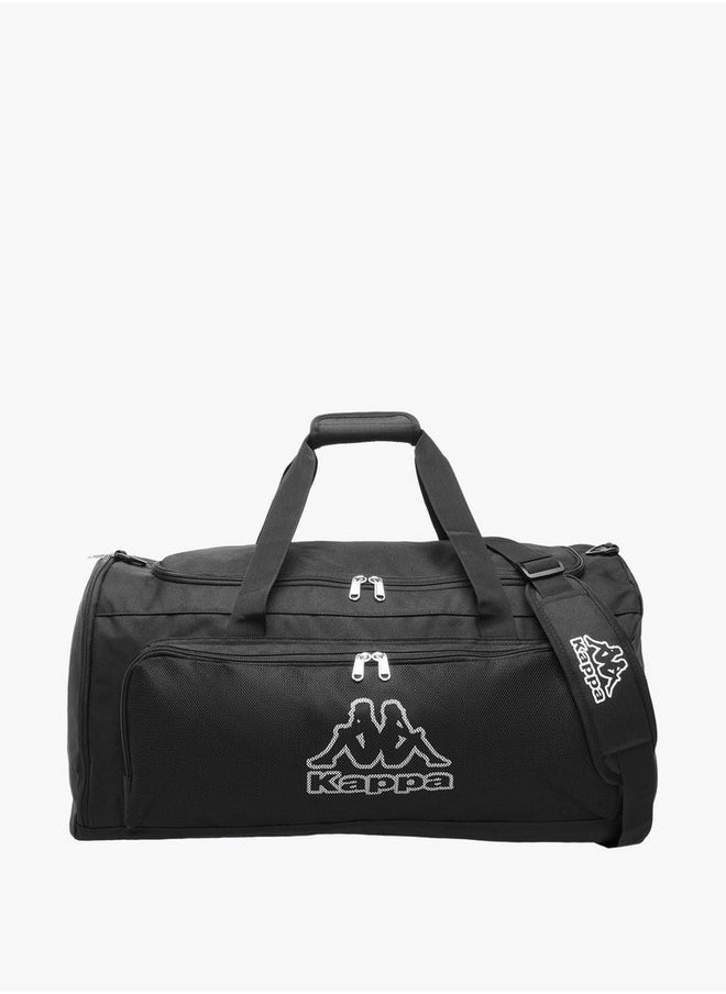 Logo Print Duffle Bag with Detachable Strap and Zip Closure
