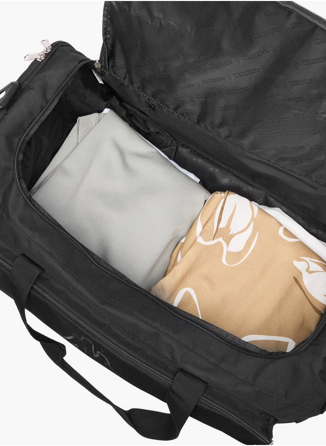 Logo Print Duffle Bag with Detachable Strap and Zip Closure