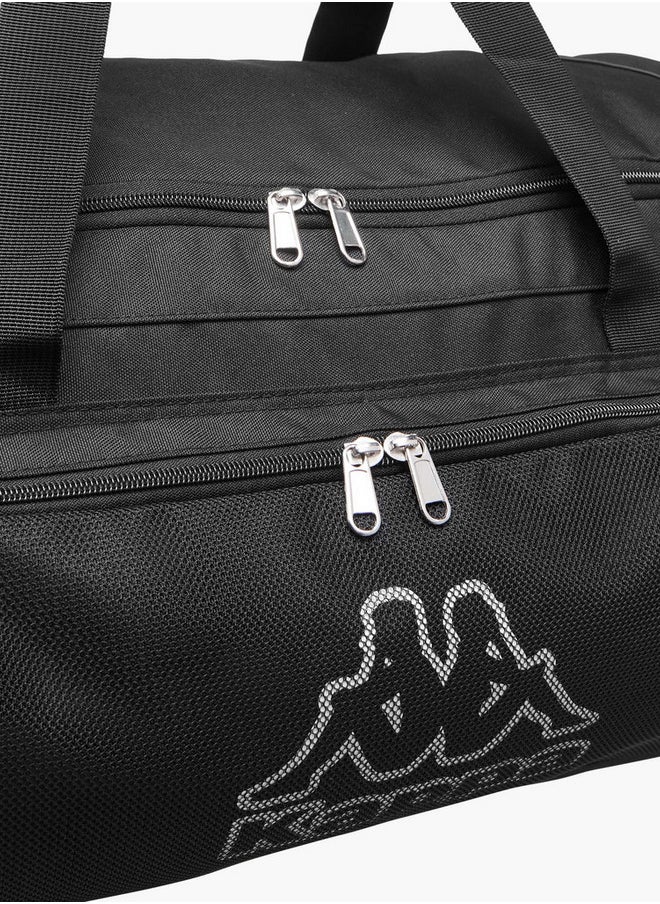 Logo Print Duffle Bag with Detachable Strap and Zip Closure