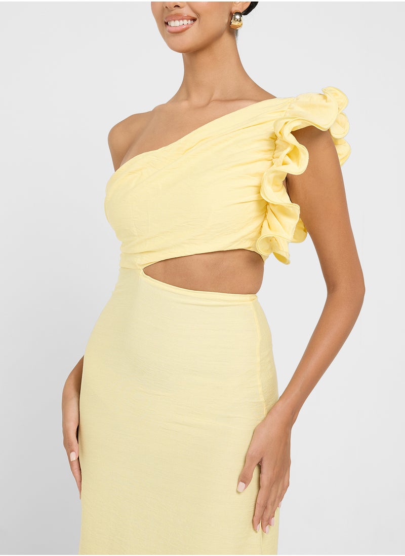 One Shoulder Ruffle Detail A Line Dress