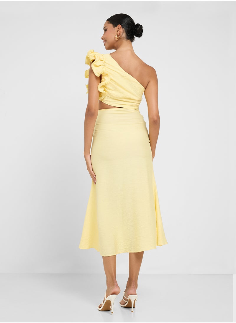 One Shoulder Ruffle Detail A Line Dress