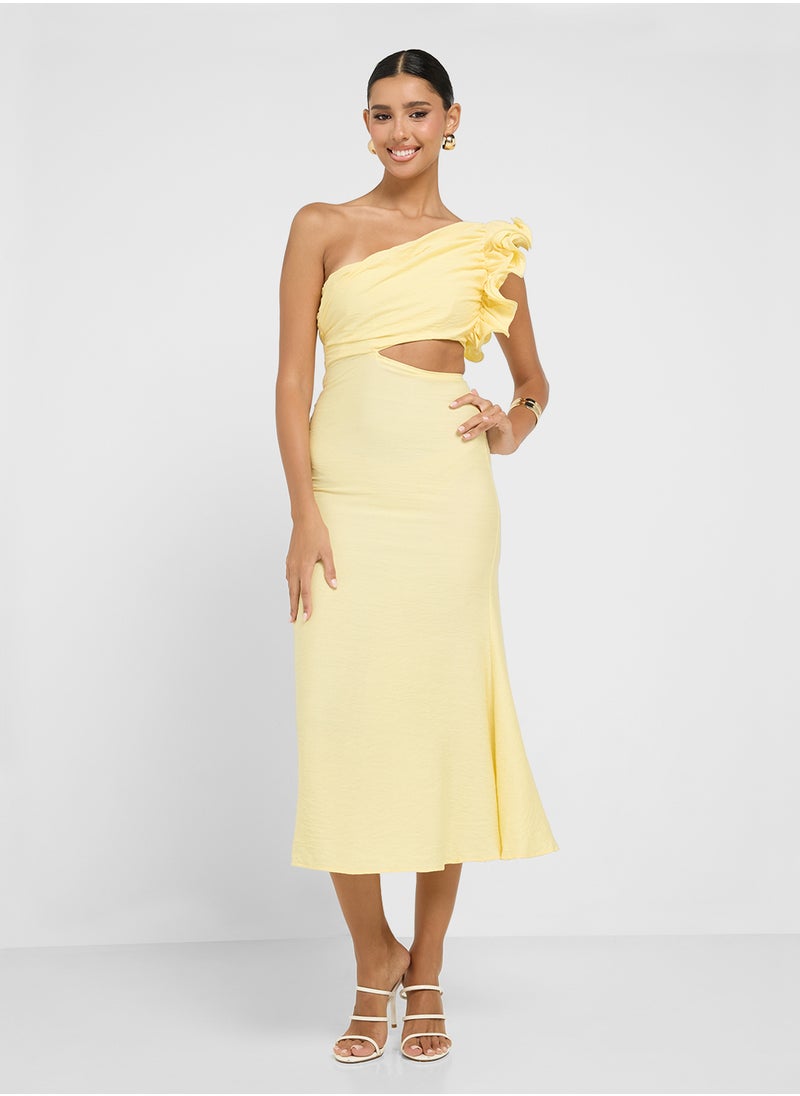 One Shoulder Ruffle Detail A Line Dress