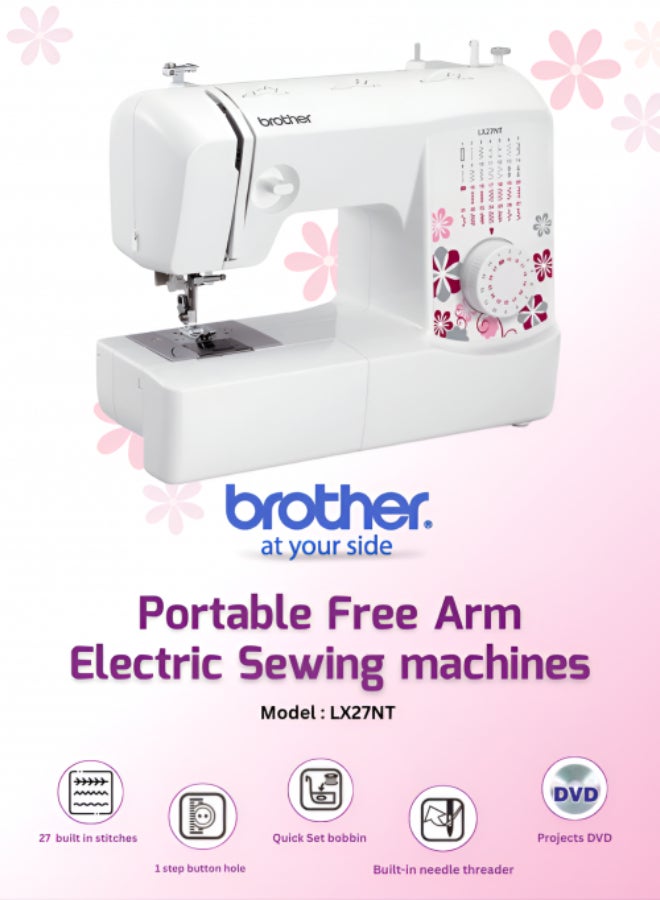 LX27NT Portable Free Arm Electric Sewing machines Traditional metal chassis sewing machines featuring 27 Built-in Stitches | Sewing Machine with Built-in Needle Threaderand Quick Set Bobbin | 1-Step Buttonhole and Instructional DVD Easy to Use for Beginners and Home Sewing |Sewing Machine with Maximum stitch width 5mm and Maximum stitch length 4mm |White/Pink/Grey color |Made in Vietnam LX27NT White/Pink/Grey