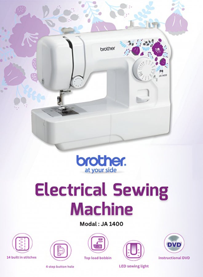 Compact Electric Sewing Machine Easy To Use Sewing And Mending Machine | Featuring 14 Range Of Stitches And Free Arm Conversion This 4-Step Buttonhole | Top Load Bobbin System And Led Sewing Light | An Instructional Dvd For Easy Setup And Operation | Made In Vietnam JA-1400 White