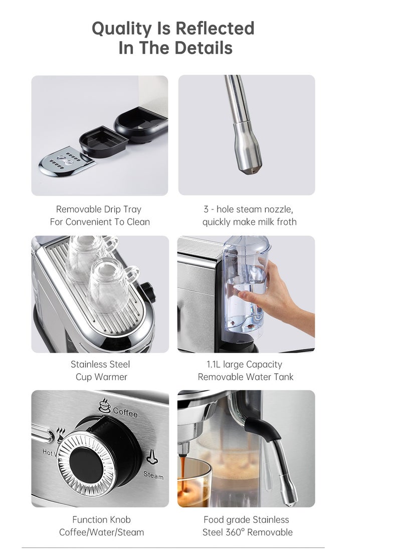 HiBREW Coffee Maker Cafetera  Inox Semi Automatic Super Slim ESE POD& Powder Espresso Cappuccino Machine 1450W H11-UK-N